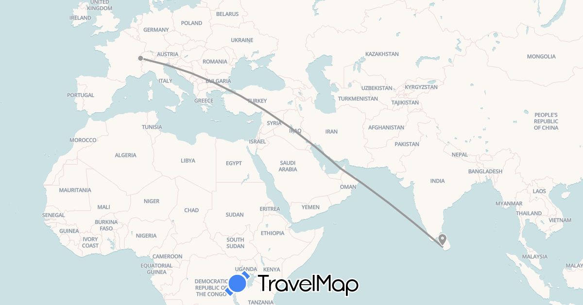 TravelMap itinerary: driving, plane in United Arab Emirates, Switzerland, Sri Lanka (Asia, Europe)